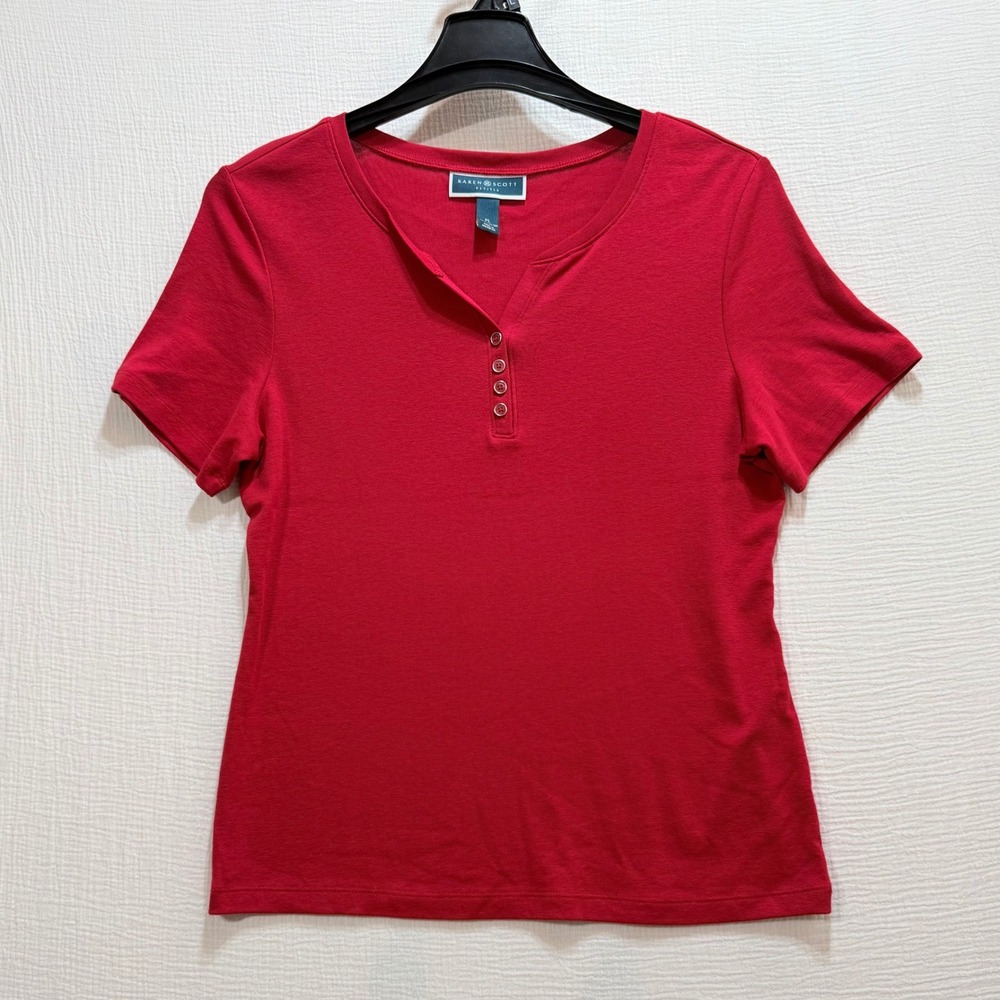 Karen Scott Henley Top Womens PL Red Short Sleeve Cotton‎ Split Neck Minimalist
